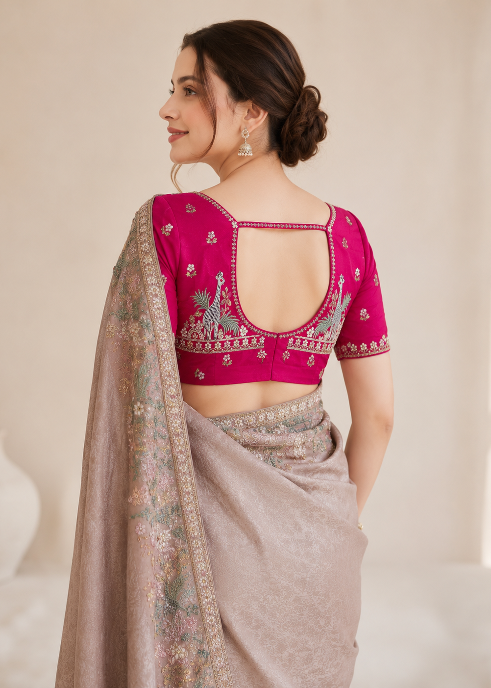 Blush Beige Tissue Silk Saree with Blue Giraffe Border & 3D Floral Embroidery