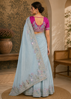 Powder Blue Tissue Silk Saree with Checkered Giraffe, Bird & Floral Embroidery