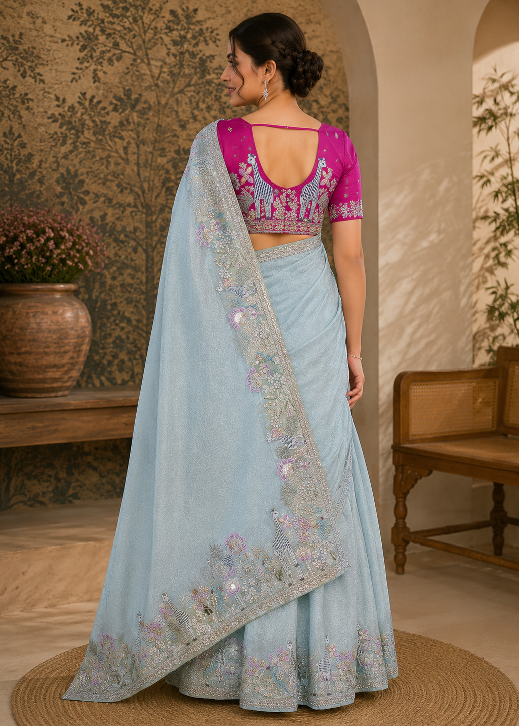 Powder Blue Tissue Silk Saree with Checkered Giraffe, Bird & Floral Embroidery