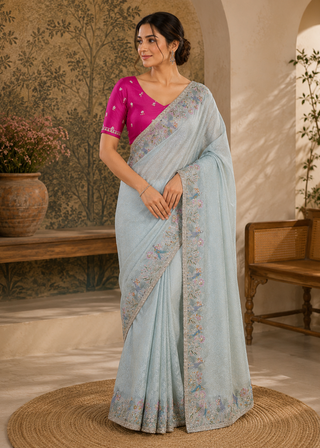 Powder Blue Tissue Silk Saree with Checkered Giraffe, Bird & Floral Embroidery