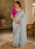 Powder Blue Tissue Silk Saree with Checkered Giraffe, Bird & Floral Embroidery