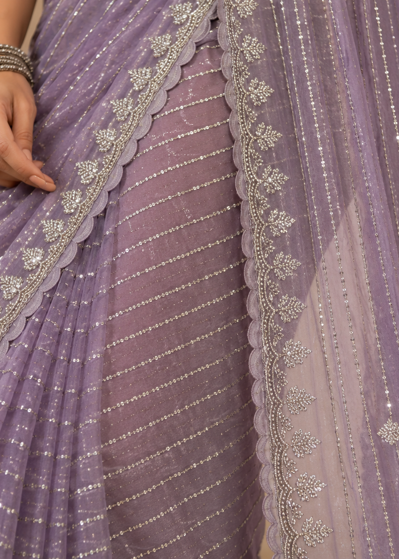 Lavender Sequins Embroidered Organza Saree with Scalloped Border & Designer Blouse