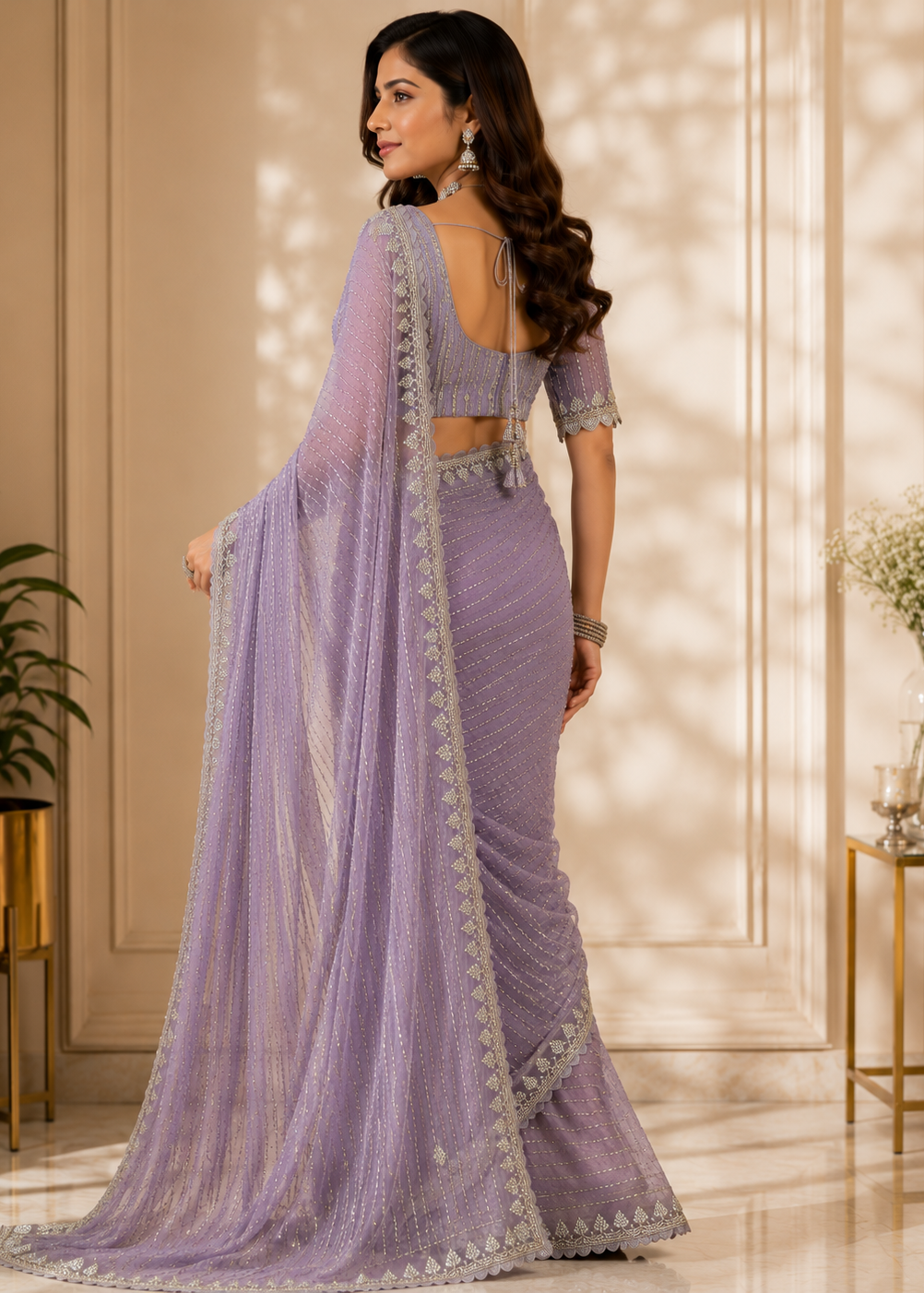 Lavender Sequins Embroidered Organza Saree with Scalloped Border & Designer Blouse