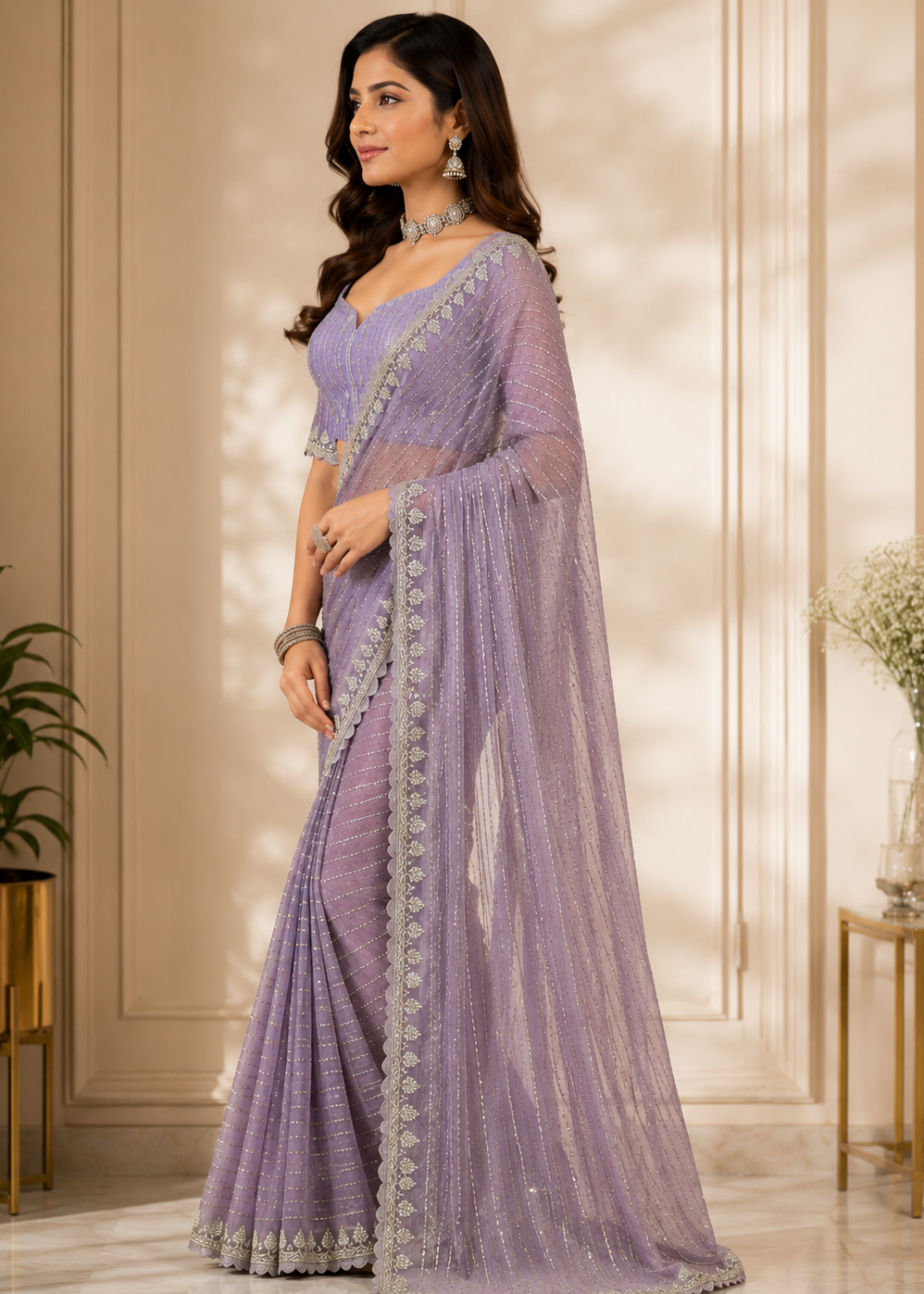 Lavender Sequins Embroidered Organza Saree with Scalloped Border & Designer Blouse
