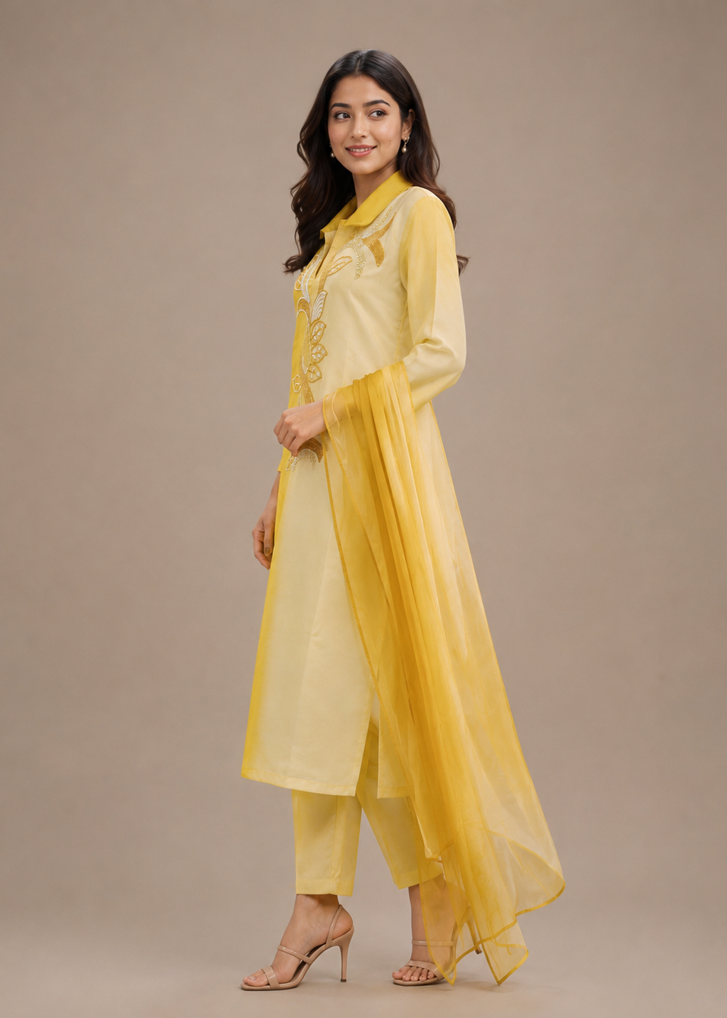Yellow Embroidered Kurta Set with Sheer Organza Dupatta
