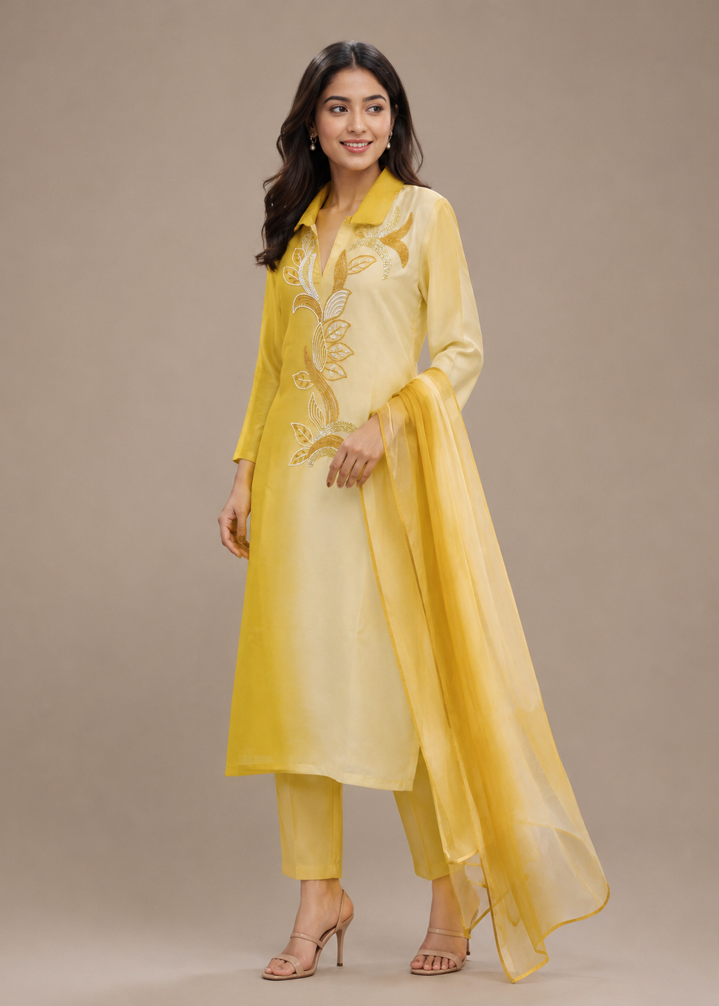 Yellow Embroidered Kurta Set with Sheer Organza Dupatta