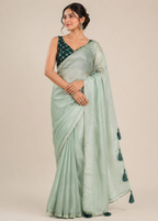 Mint Green Tissue Silk Saree with Tassel Pallu & Emerald Embroidered Sequin Blouse