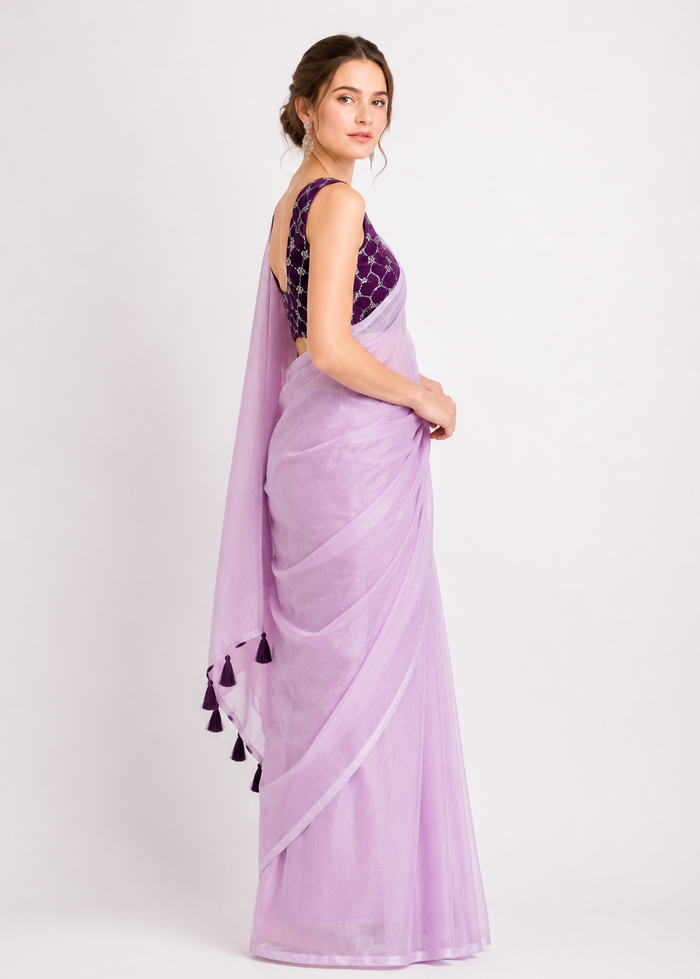 Designer Tissue Silk Saree with Plum Purple Embroidered Blouse & Tassel Pallu