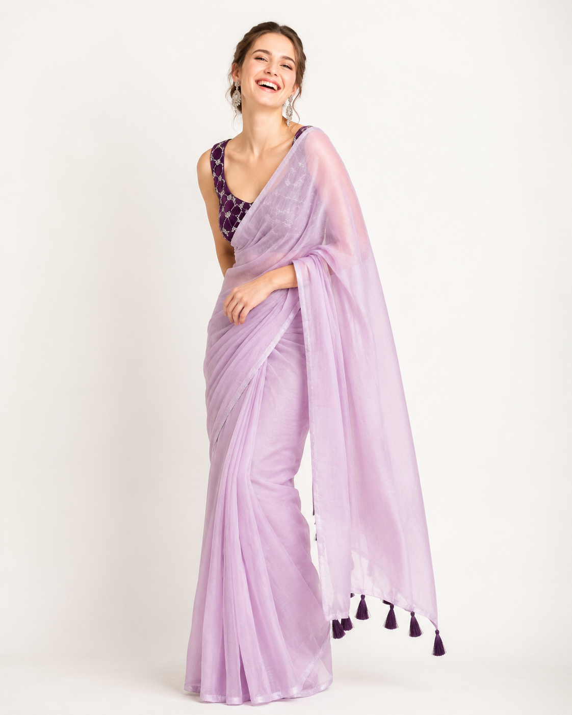Designer Tissue Silk Saree with Plum Purple Embroidered Blouse & Tassel Pallu