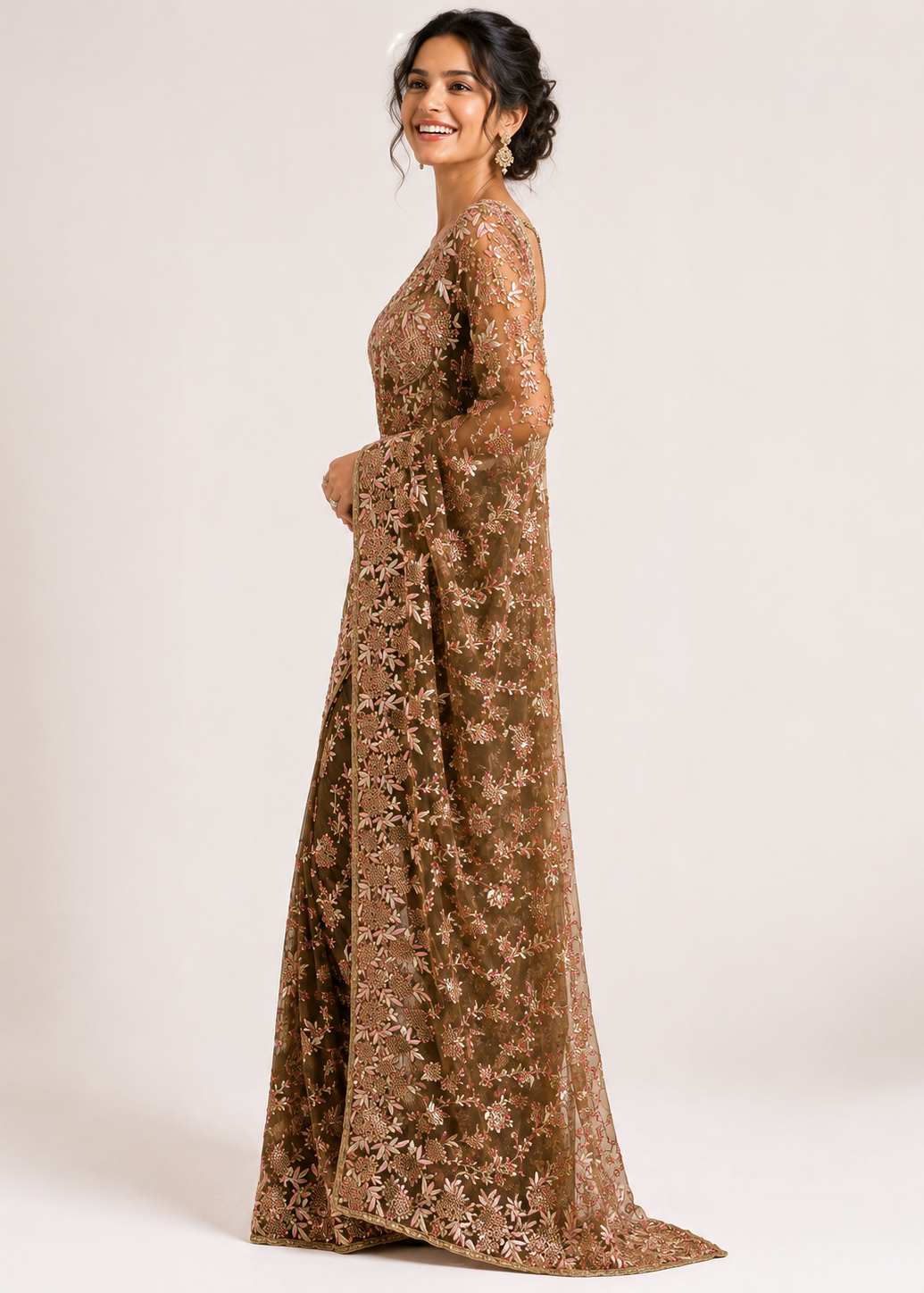 Brown Designer Net Saree with Heavy Multi-Color Resham Embroidery & Stone Work Blouse Piece