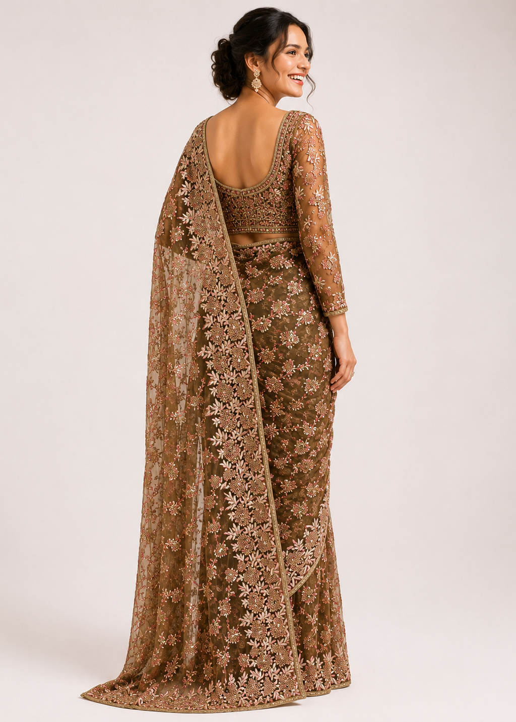 Brown Designer Net Saree with Heavy Multi-Color Resham Embroidery & Stone Work Blouse Piece