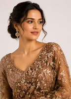 Brown Designer Net Saree with Heavy Multi-Color Resham Embroidery & Stone Work Blouse Piece
