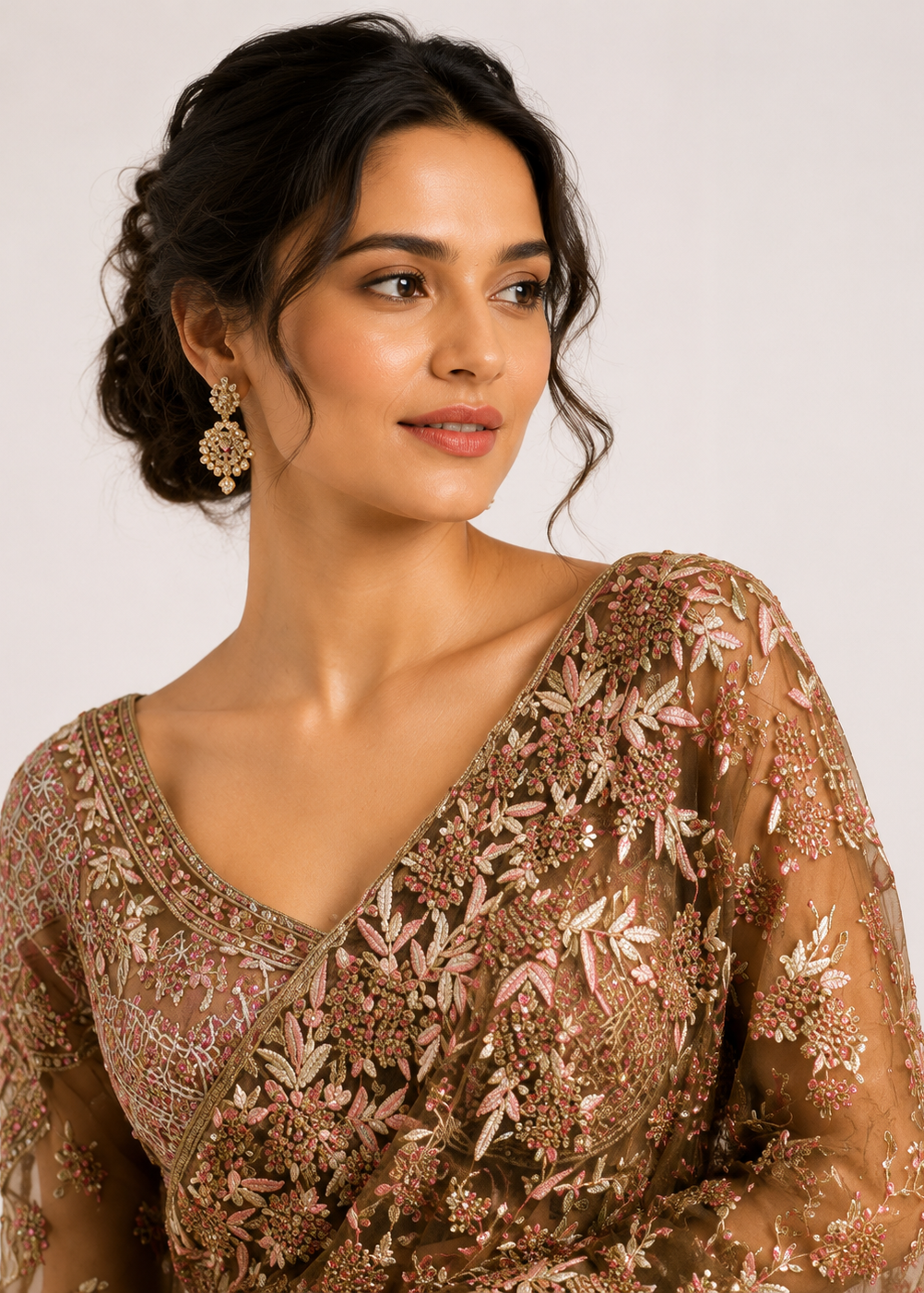 Brown Designer Net Saree with Heavy Multi-Color Resham Embroidery & Stone Work Blouse Piece