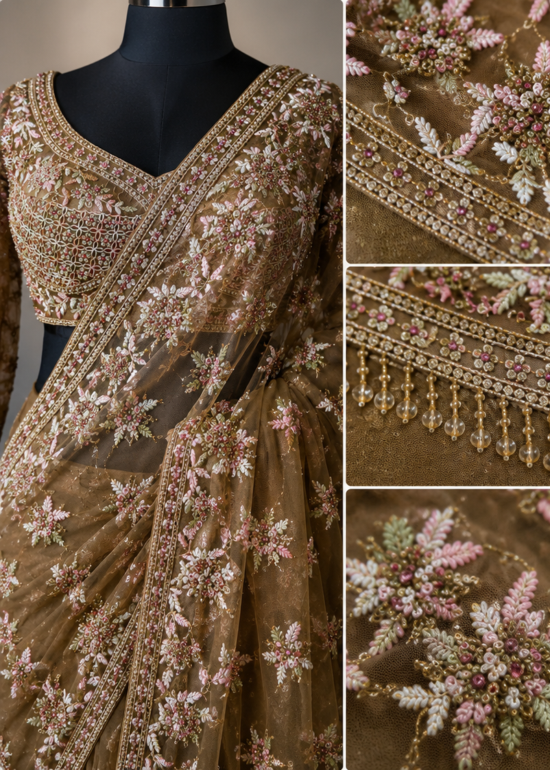 Brown Designer Net Saree with Heavy Multi-Color Resham Embroidery & Stone Work Blouse Piece