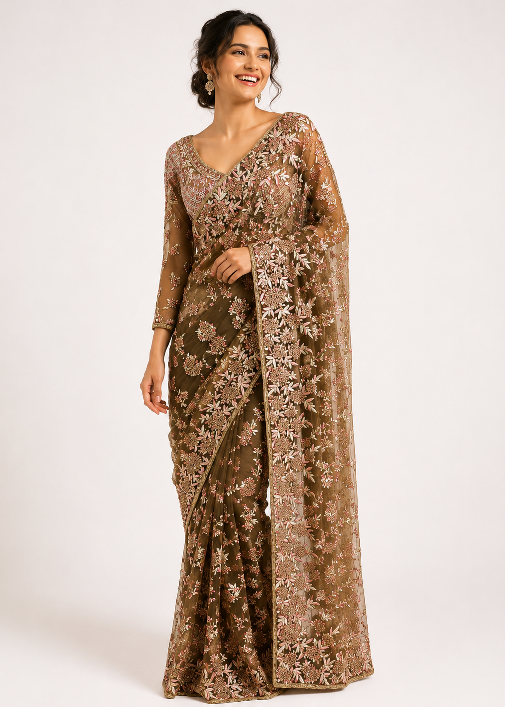 Brown Designer Net Saree with Heavy Multi-Color Resham Embroidery & Stone Work Blouse Piece