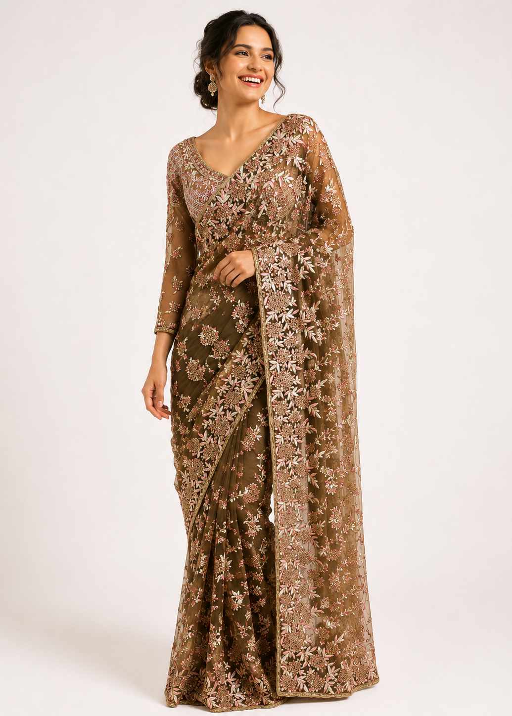 Brown Designer Net Saree with Heavy Multi-Color Resham Embroidery & Stone Work Blouse Piece