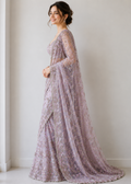 Lavender Bloom Designer Net Saree with Floral Resham Embroidery & Heavy Blouse Piece