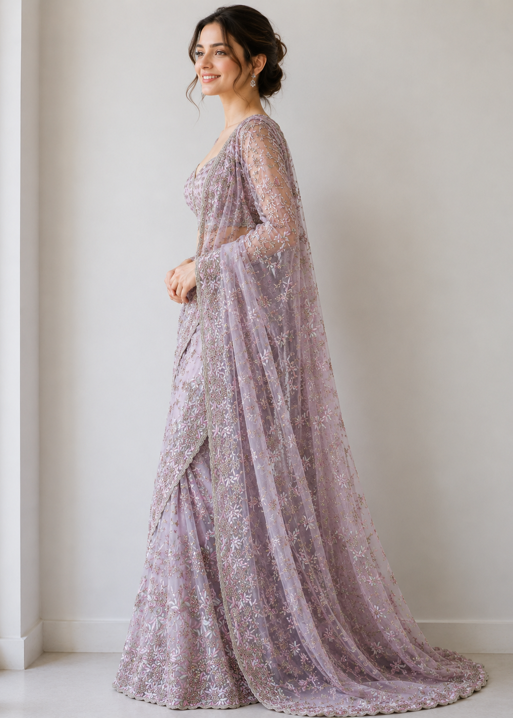 Lavender Bloom Designer Net Saree with Floral Resham Embroidery & Heavy Blouse Piece