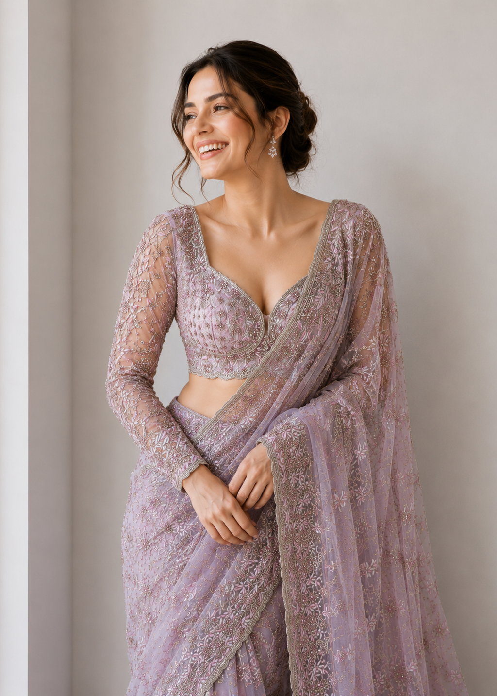 Lavender Bloom Designer Net Saree with Floral Resham Embroidery & Heavy Blouse Piece