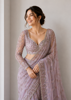 Lavender Bloom Designer Net Saree with Floral Resham Embroidery & Heavy Blouse Piece