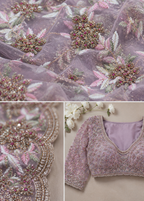 Lavender Bloom Designer Net Saree with Floral Resham Embroidery & Heavy Blouse Piece