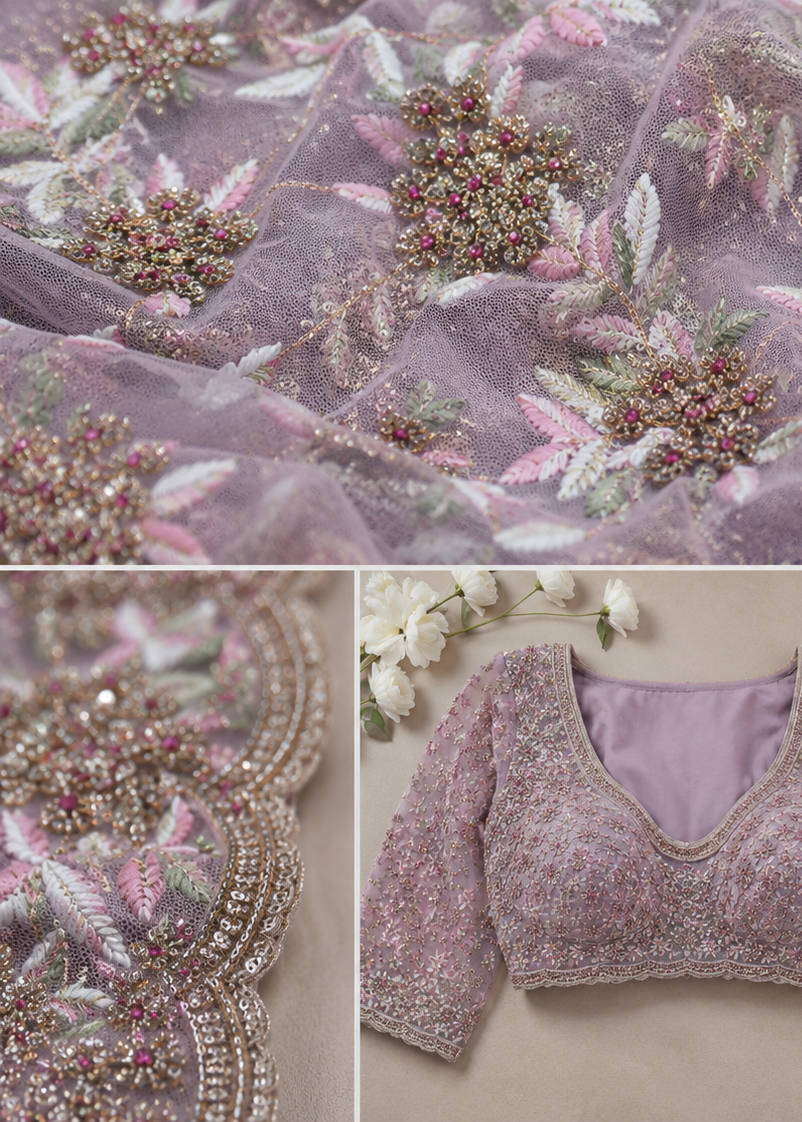 Lavender Bloom Designer Net Saree with Floral Resham Embroidery & Heavy Blouse Piece