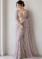 Lavender Bloom Designer Net Saree with Floral Resham Embroidery & Heavy Blouse Piece