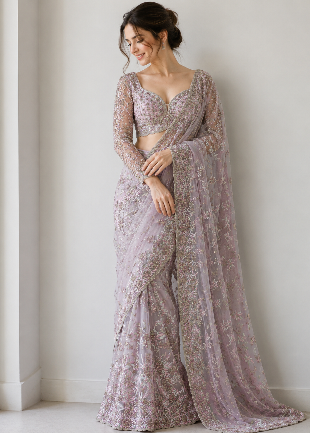 Lavender Bloom Designer Net Saree with Floral Resham Embroidery & Heavy Blouse Piece