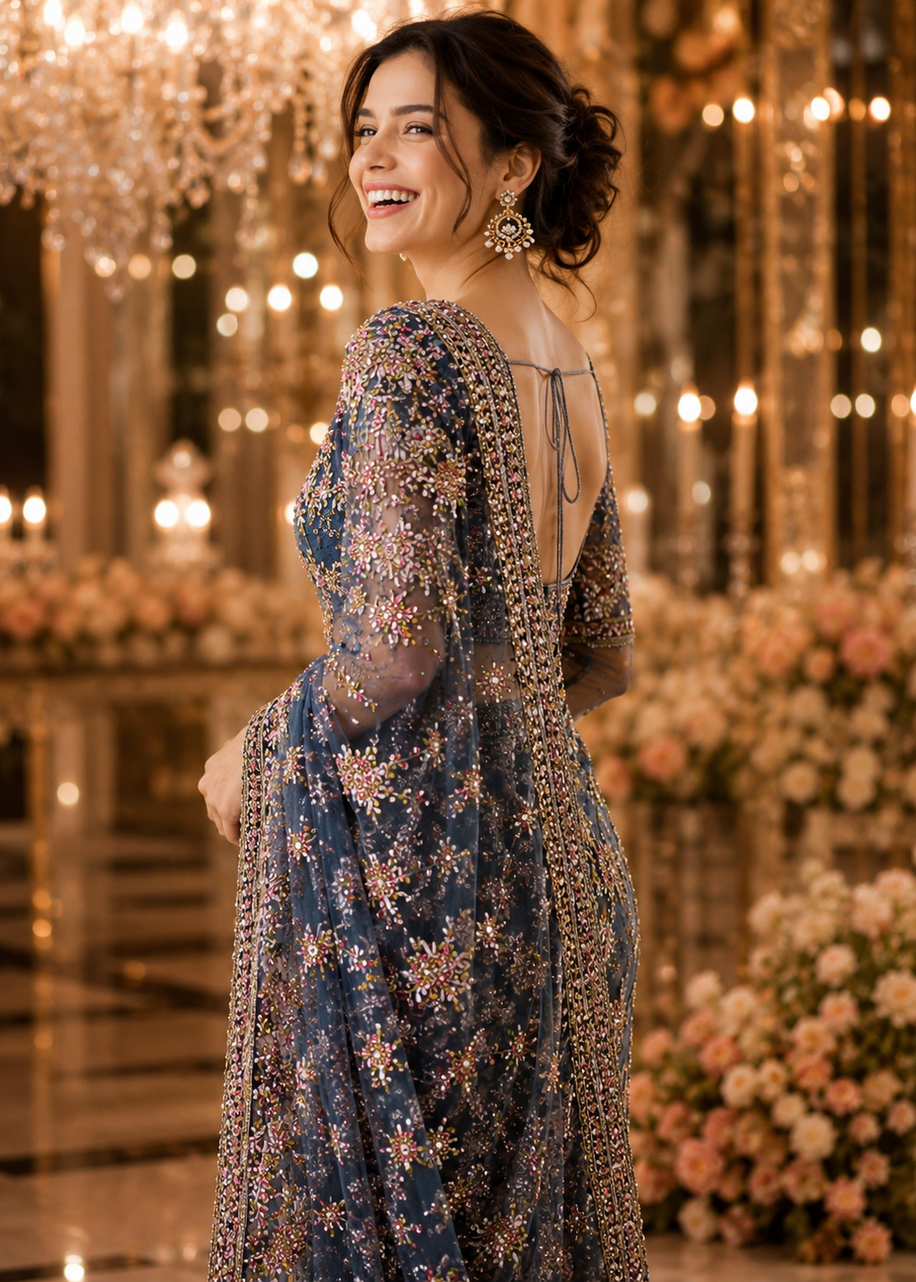 Blue Premium Net Saree with Heavy Multi-Color Resham Embroidery, Stone & Cutdana Work