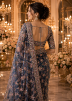 Blue Premium Net Saree with Heavy Multi-Color Resham Embroidery, Stone & Cutdana Work