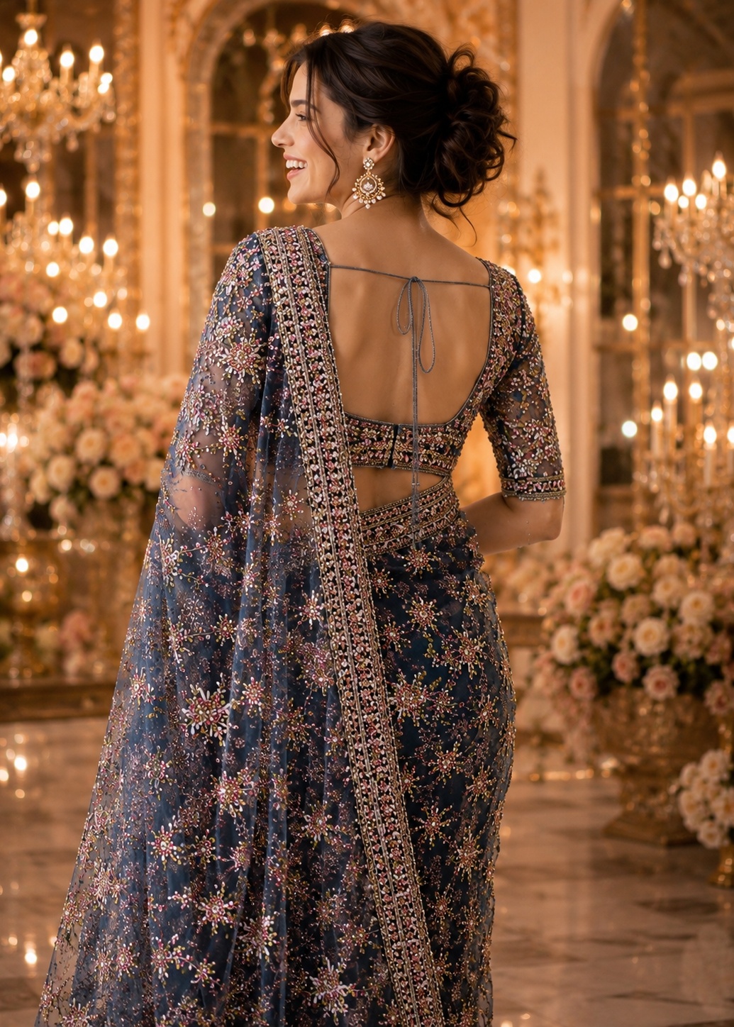 Blue Premium Net Saree with Heavy Multi-Color Resham Embroidery, Stone & Cutdana Work