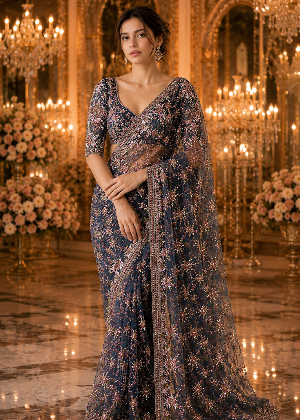 Blue Premium Net Saree with Heavy Multi-Color Resham Embroidery, Stone & Cutdana Work