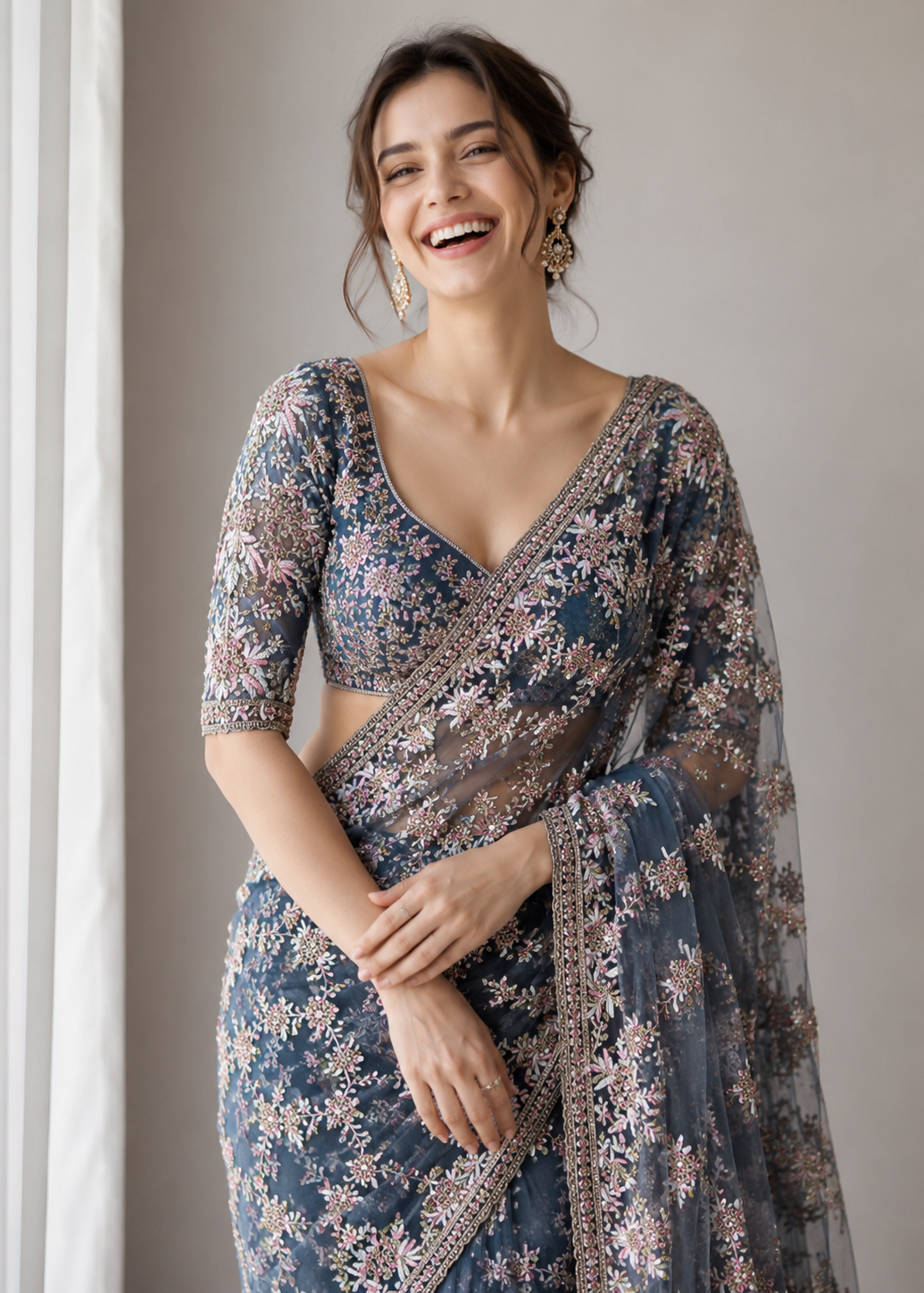 Blue Premium Net Saree with Heavy Multi-Color Resham Embroidery, Stone & Cutdana Work