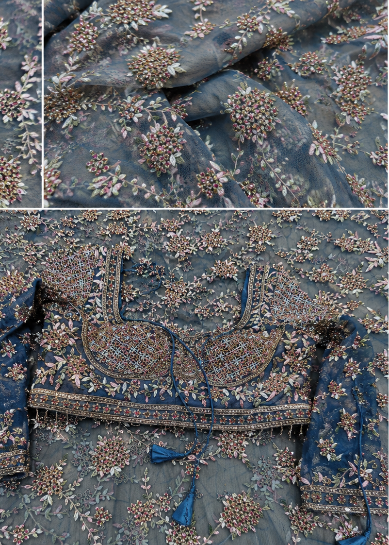 Blue Premium Net Saree with Heavy Multi-Color Resham Embroidery, Stone & Cutdana Work