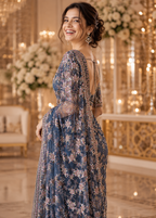 Blue Premium Net Saree with Heavy Multi-Color Resham Embroidery, Stone & Cutdana Work