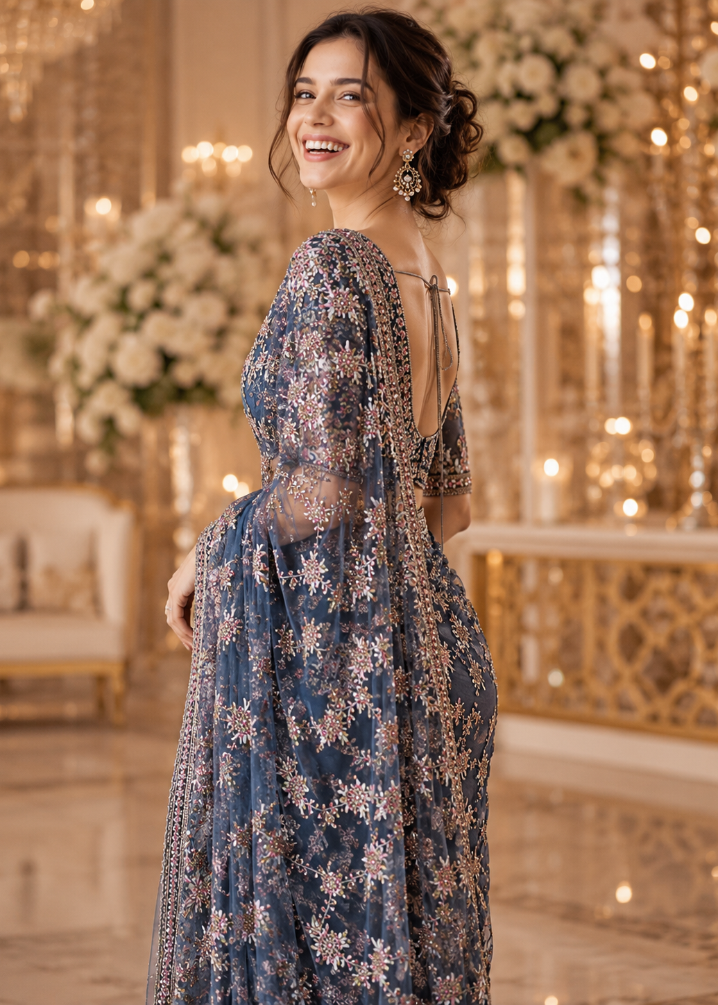 Blue Premium Net Saree with Heavy Multi-Color Resham Embroidery, Stone & Cutdana Work