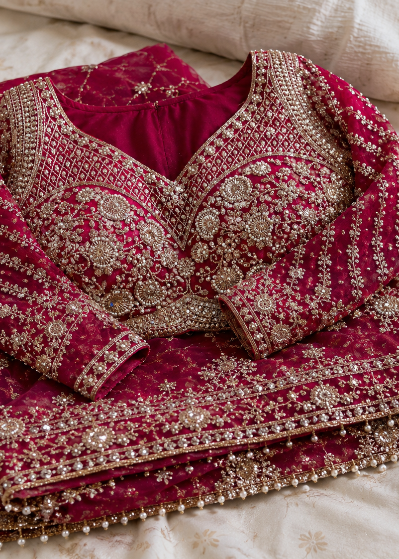 Royal Rani Pink Bridal Saree with Heavy Zari, Sequins & Stone Embroidery