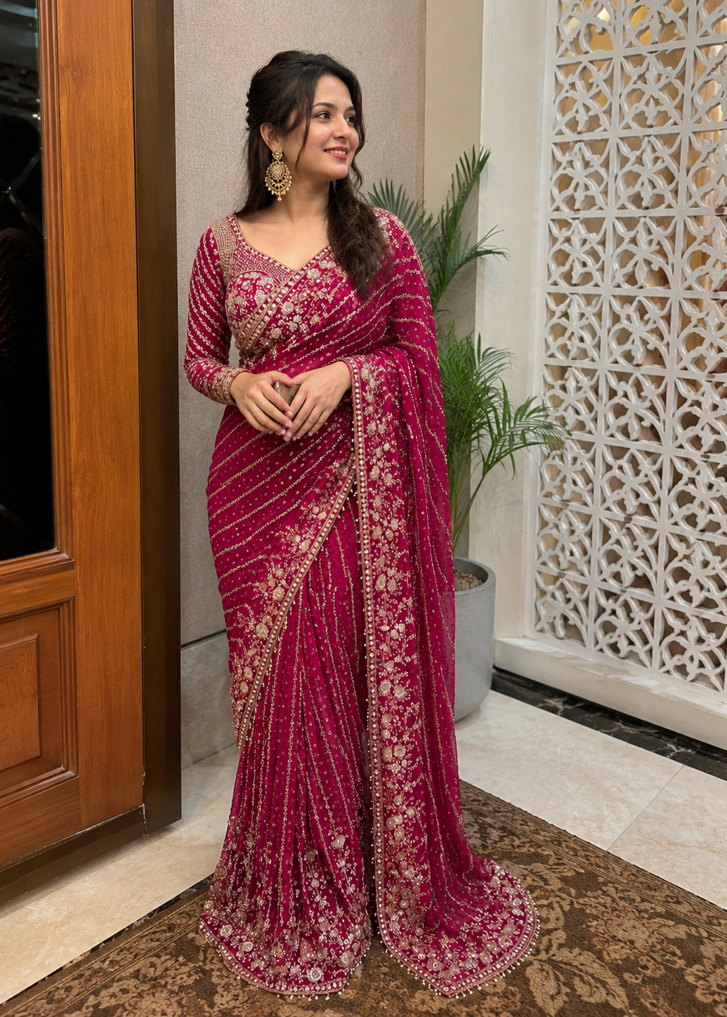 Royal Rani Pink Bridal Saree with Heavy Zari, Sequins & Stone Embroidery