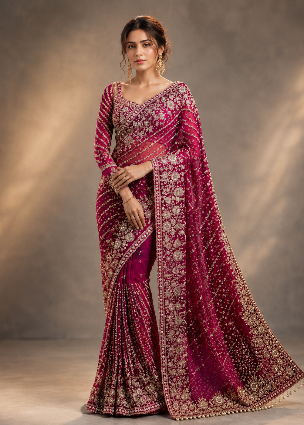 Royal Rani Pink Bridal Saree with Heavy Zari, Sequins & Stone Embroidery