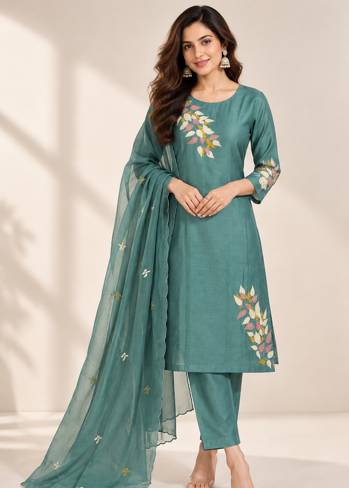 Teal Green Masline Silk Floral Work 3-Piece Suit Set