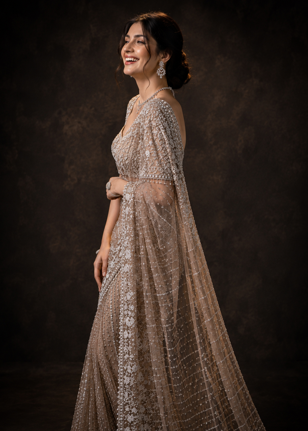 Champagne Beige Silver Zari, Stone, Sequin & Pearl Embroidered Net Saree with Heavy Blouse