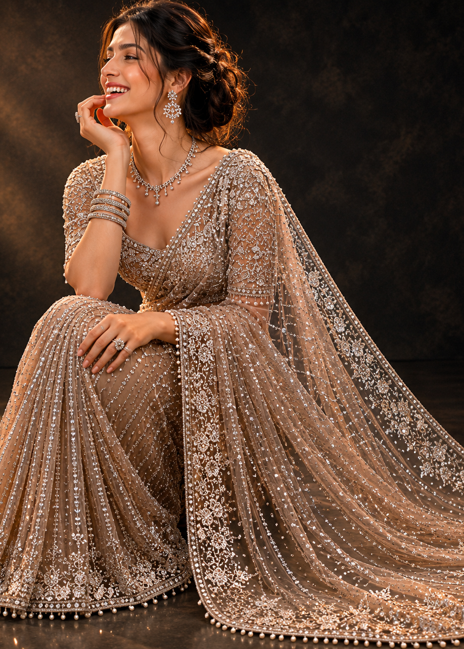 Champagne Beige Silver Zari, Stone, Sequin & Pearl Embroidered Net Saree with Heavy Blouse