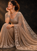 Champagne Beige Silver Zari, Stone, Sequin & Pearl Embroidered Net Saree with Heavy Blouse