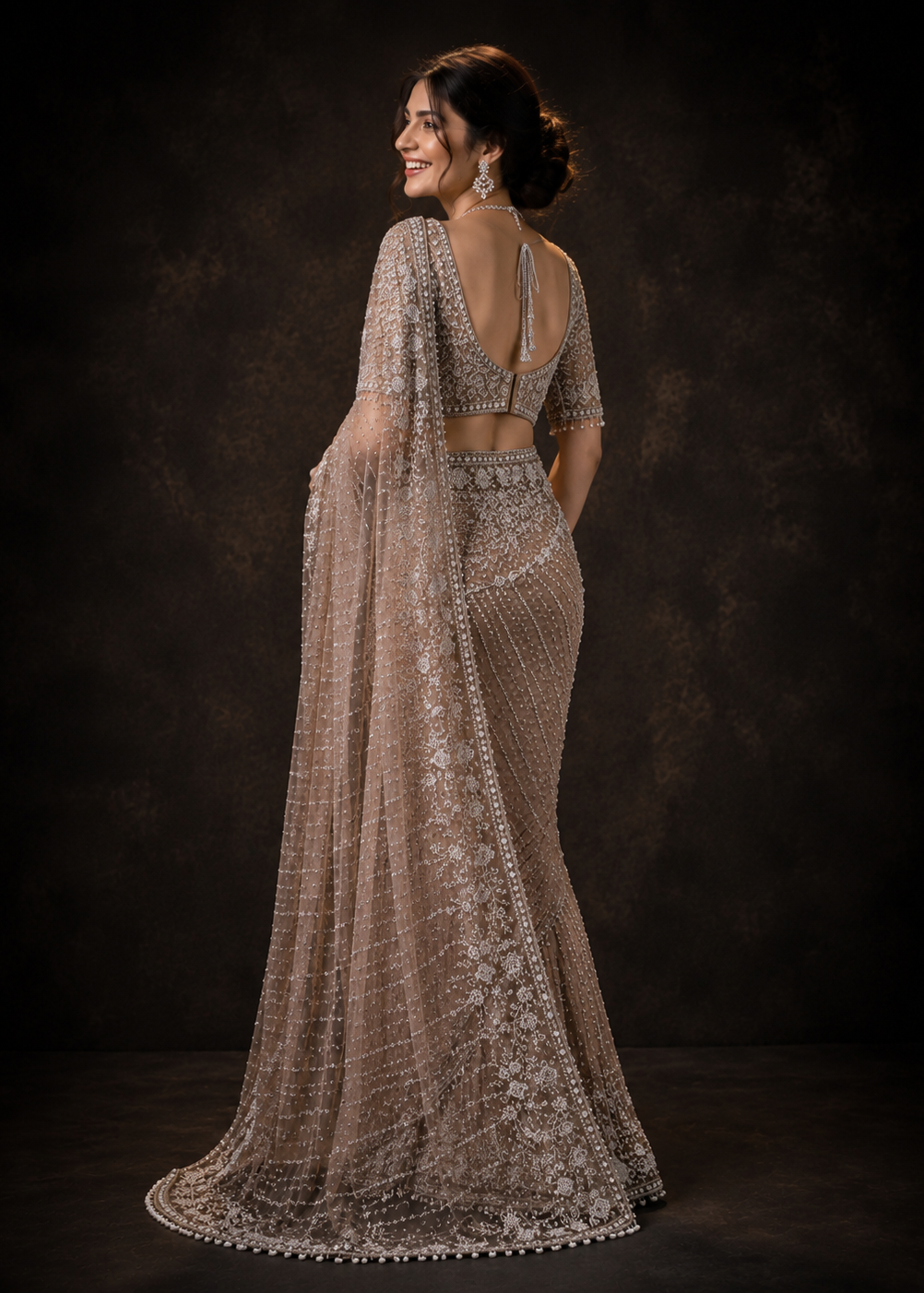 Champagne Beige Silver Zari, Stone, Sequin & Pearl Embroidered Net Saree with Heavy Blouse