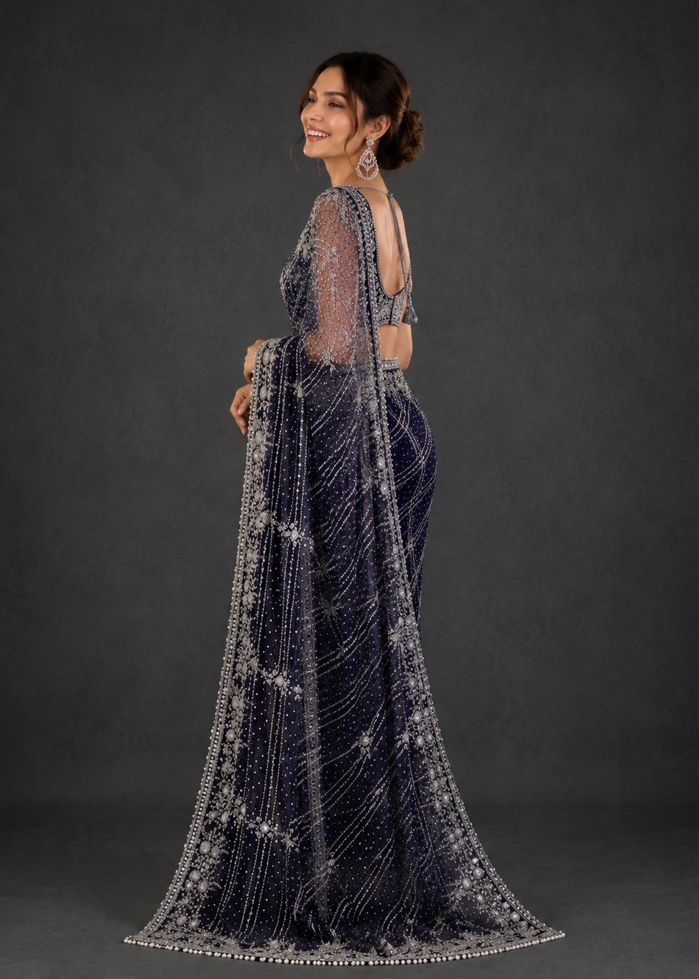 Navy Blue Silver Zari, Stone, Sequin & Pearl Embroidered Soft Net Saree with Heavy Designer Blouse