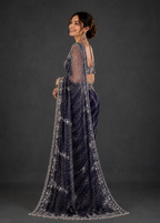 Navy Blue Silver Zari, Stone, Sequin & Pearl Embroidered Soft Net Saree with Heavy Designer Blouse