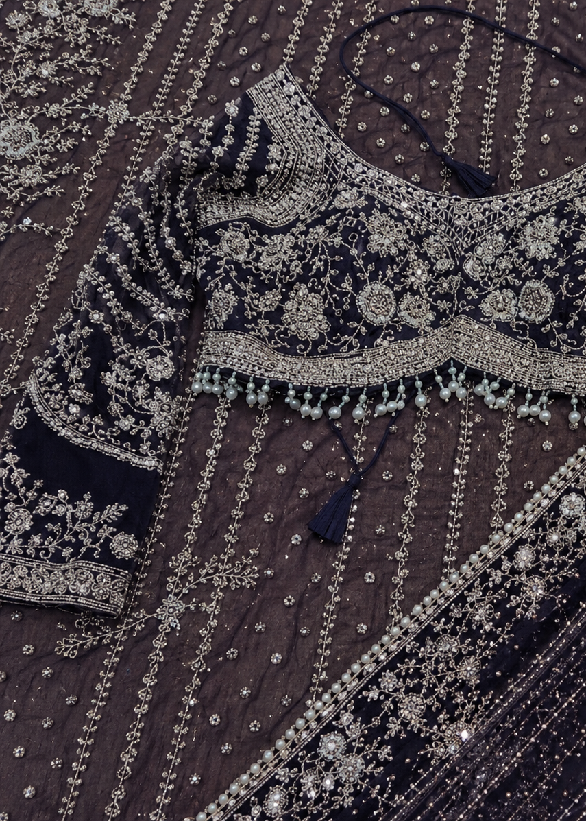 Navy Blue Silver Zari, Stone, Sequin & Pearl Embroidered Soft Net Saree with Heavy Designer Blouse