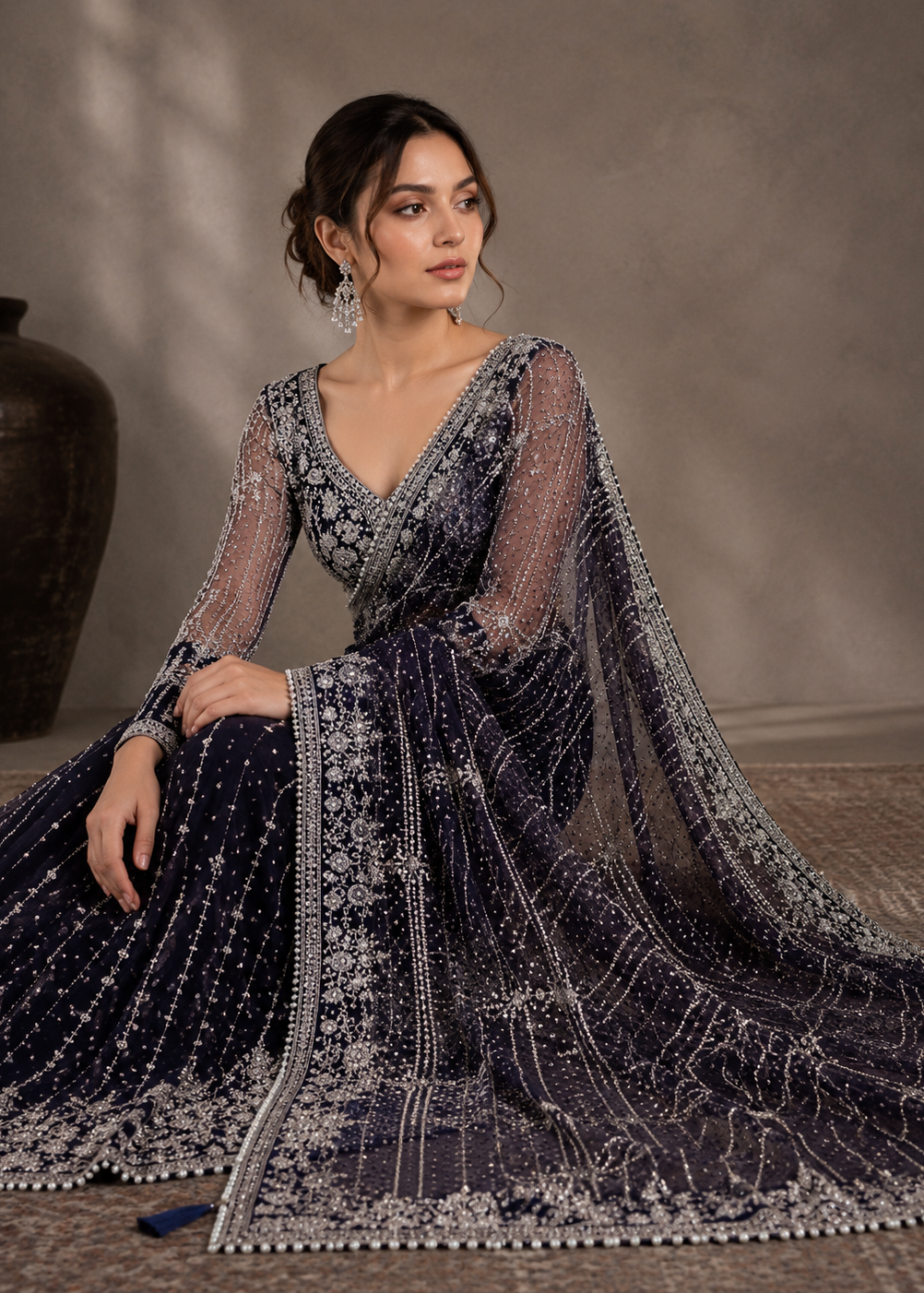 Navy Blue Silver Zari, Stone, Sequin & Pearl Embroidered Soft Net Saree with Heavy Designer Blouse