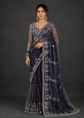 Navy Blue Silver Zari, Stone, Sequin & Pearl Embroidered Soft Net Saree with Heavy Designer Blouse