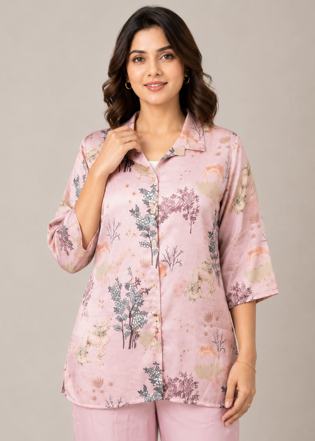 Pink Floral Printed Crepe Co-Ord Set with Inner
